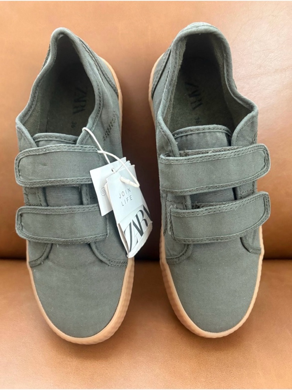 Zara Kids Olive Canvas Velcro Sneakers with Gum Sole